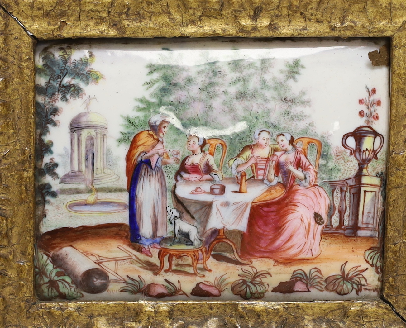 A framed pair of 18th century French enamel on copper plaques, 12x15cm total
